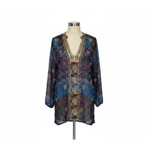 Z.B.D. Design Silk‎ Lurex Tunic Top Beaded Boho Sheer Blue Purple Gold Size 12